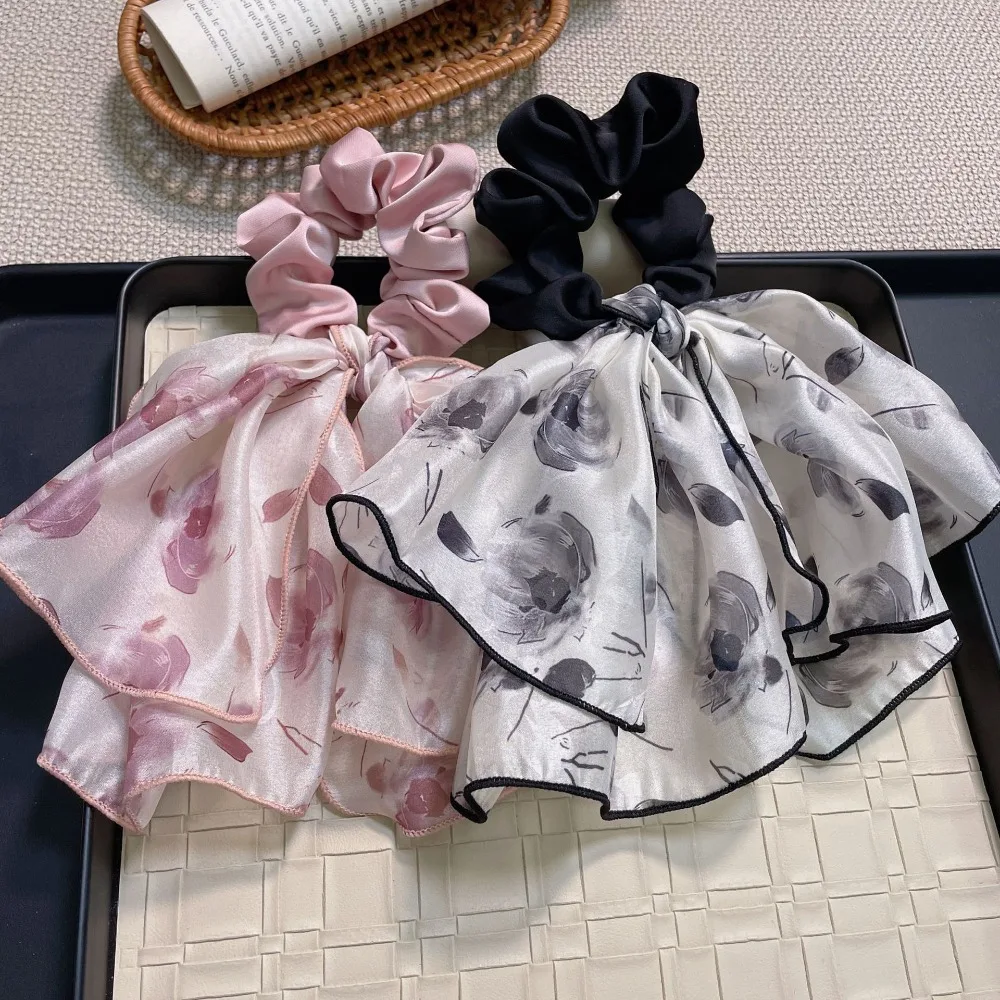

High Resilience Ink Painting Ruffled Scrunchie Elegant Hair Rope Bow Streamer Headband Ponytail Holder Hair Accessories