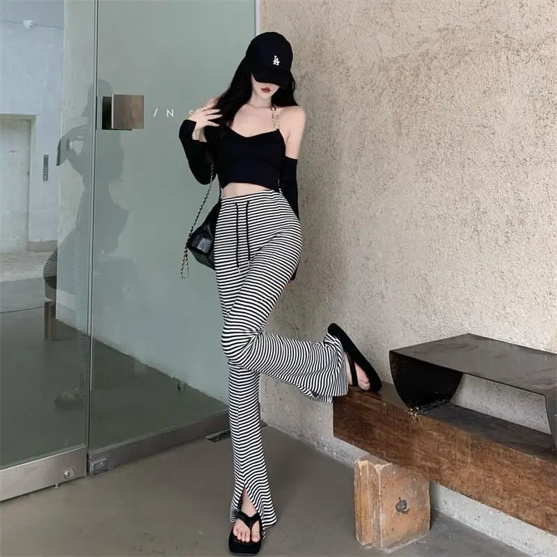 Slim Causal Pants Women Striped Front Slit Drawstring High Waist Flare Trousers All-match Streetwear Summer Simple Stylish New