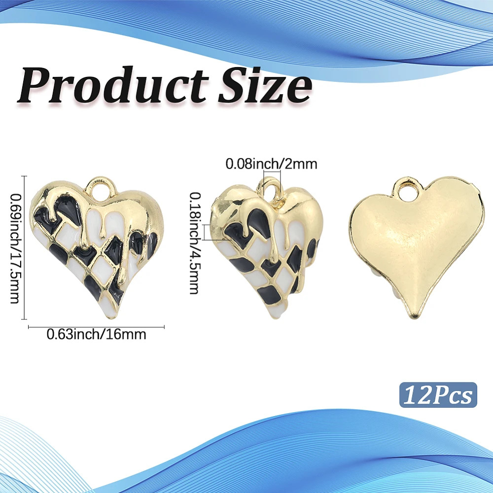 1 Box 12Pcs Black and White Checkered Charms Enamel Heart Charm Metal Alloy Gold Chic Checkerboard Love Valentines Pendants