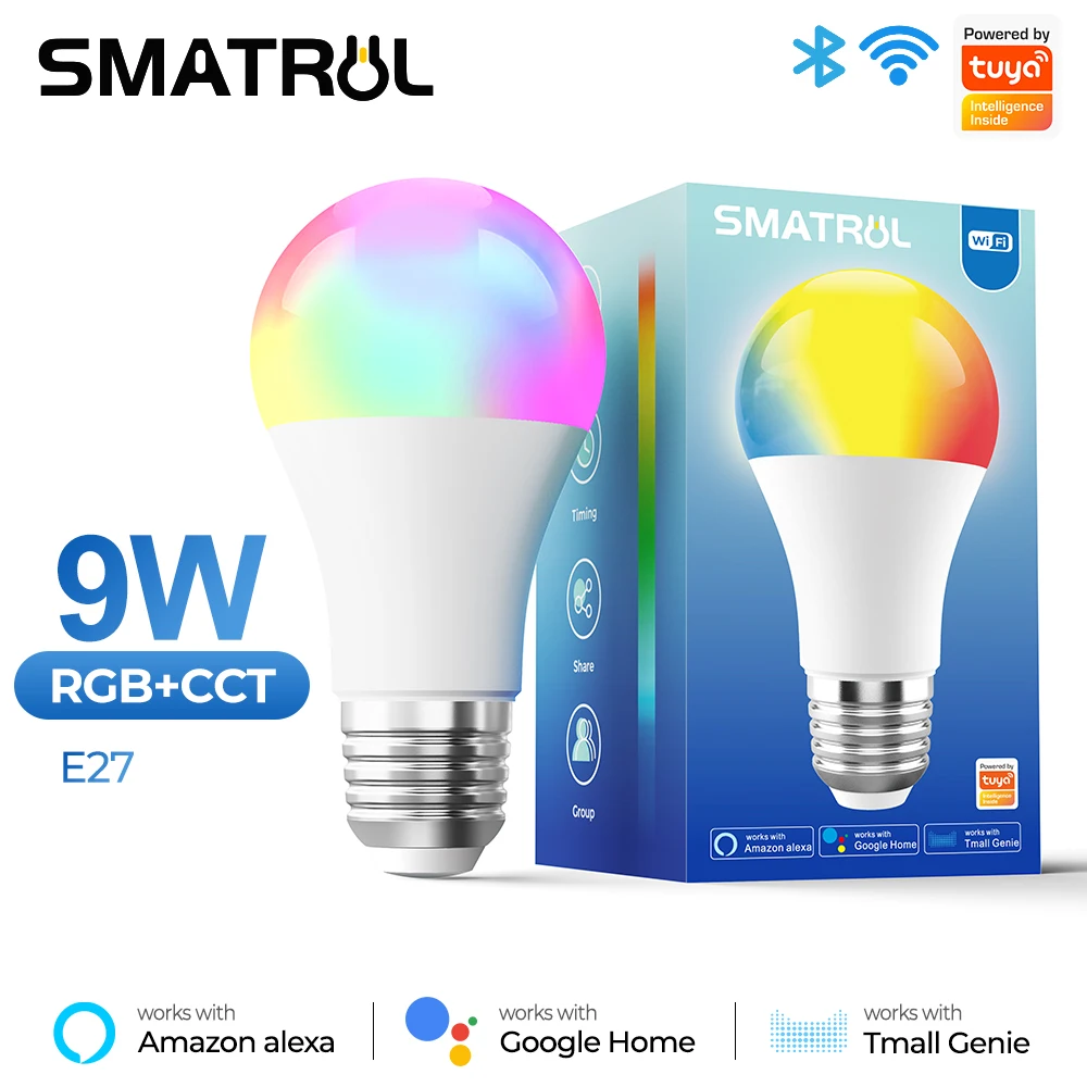 

SMATRUL 9W E27 WiFi Light Bulb Smart Life LED 850LM RGB Lamp App Work with Alexa Google Home Dimmable Timer 110v 220v Tuya