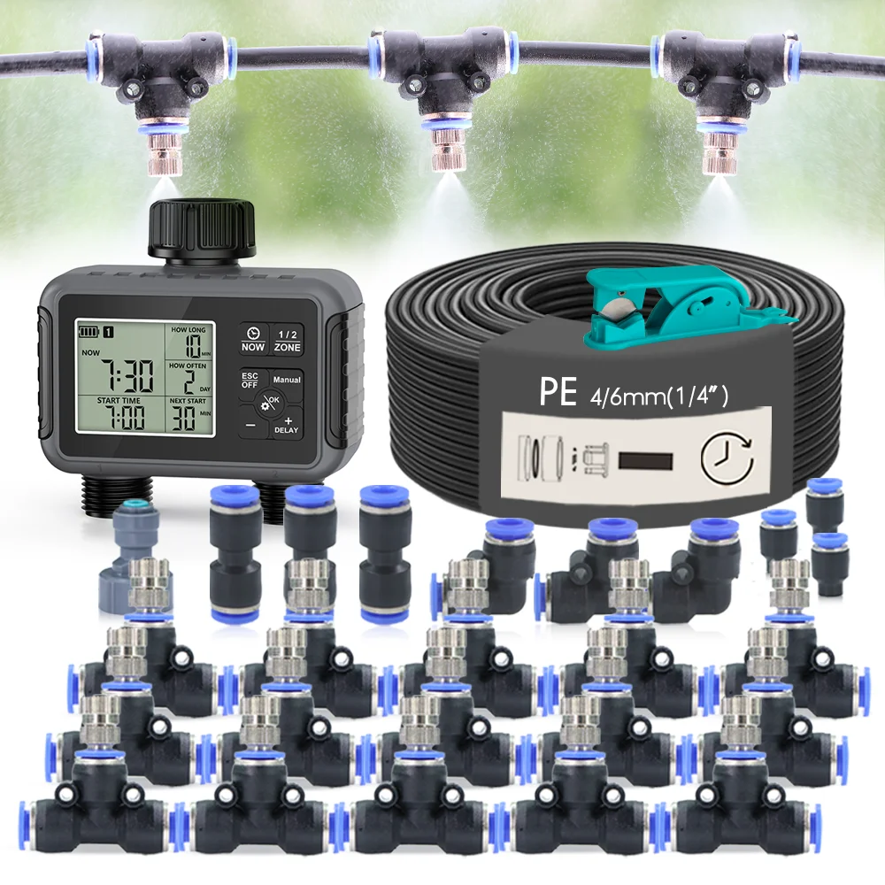 

30-10m LCD Display Low Pressure Spray Irrigation Kit Greenhouse Automatic Atomization Misty Sprinkler Watering Cooling System