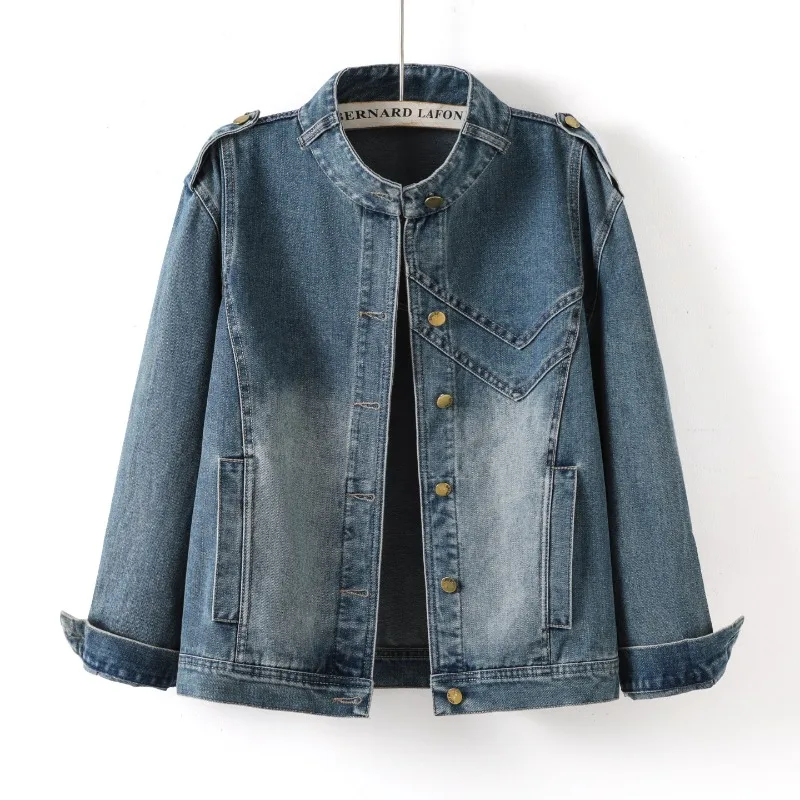 Women Vintage Washed Denim Coat Stand‑Collar Loose Long‑Sleeve Jeans Jacket Epaulet Shoulder Design Casual Street Outerwear