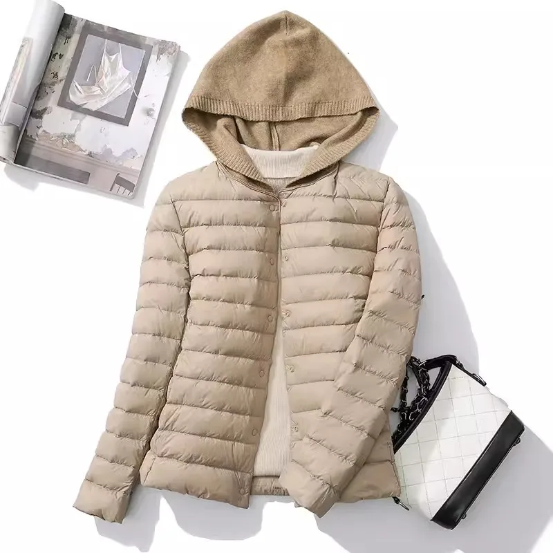 Herbst Winter gestrickt Patch owrk Kapuze Daunen mantel Frauen warmes Licht dünne weiße Enten Daunen jacke weibliche kurze Puffer Parkas Outwear