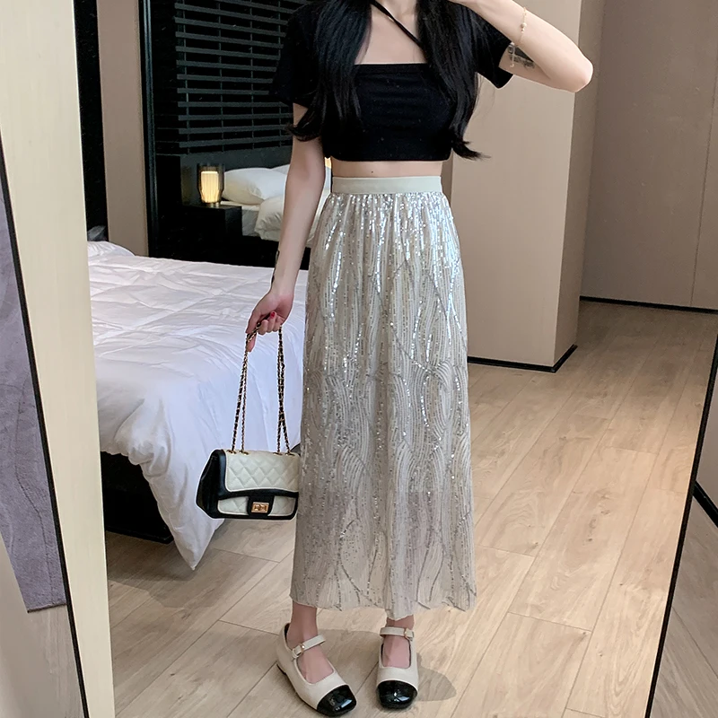 

Длинные юбки трапециевидной формы с блестками и высокой талией, женские универсальные юбки Y2k High Street в стиле ретро Hotsweet Mujer, летняя черно-белая юбка для вечеринок
