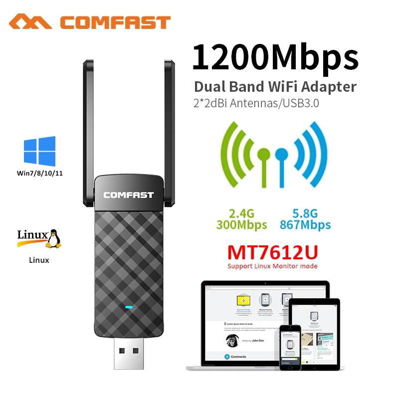 Adaptateur WiFi USB 1200, 3.0 Mbps, 5 mesurz, 2G, MT7612U, 2 divulguer 2dbi, récepteur PC, Kali, Linux, carte Dongle Cle