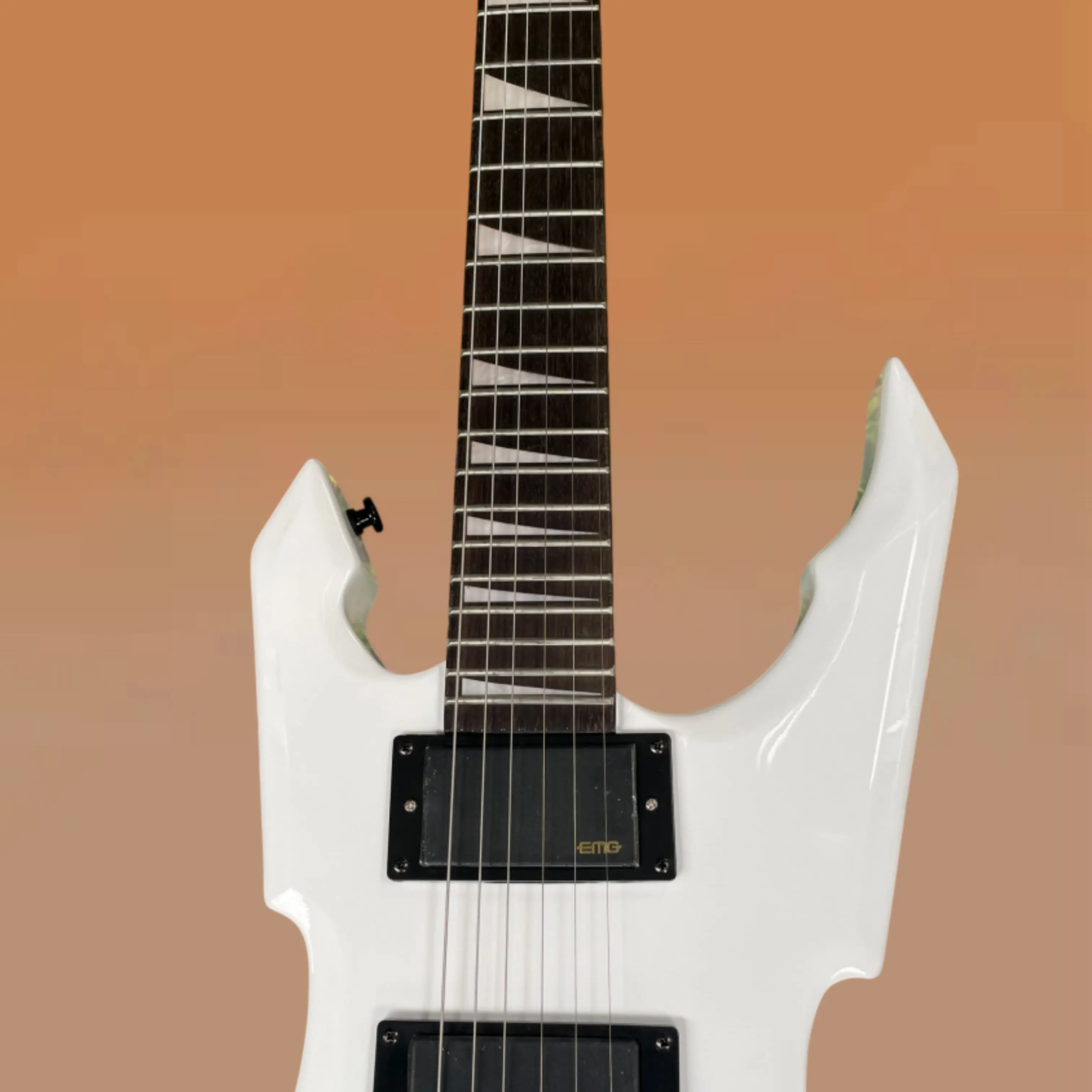 Glossy Pure White 6-String Electric Guitar with Sharp Contours and Triangular Inlays Guitars, Ideal for Rock and Jazz Guitarra