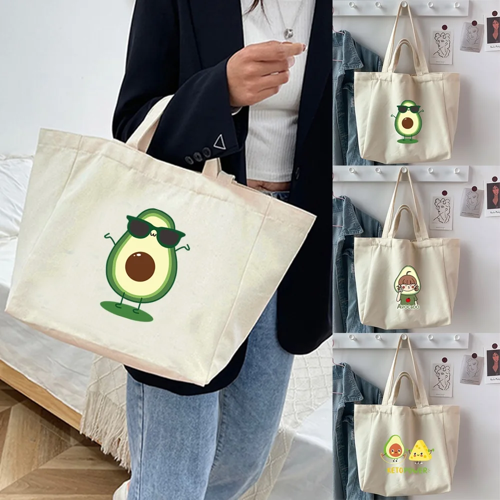 2022 Shopping Bags Foldable Ladies Canvas Shoulder Bags Avocado Printed Women's Shopper Bags Handbag Travel Work Tote Pouch