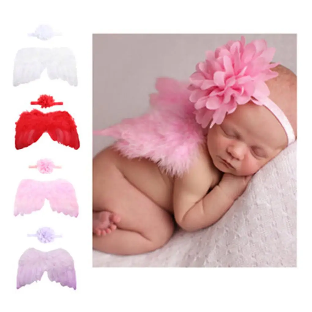 Baby Newborn Solid Color Angle Feather Wing And Flower Headband Photograph Prop Suit Infant Clothes Suit