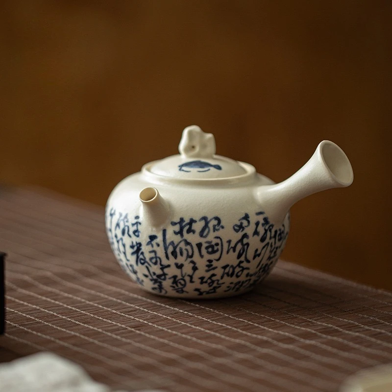 200ml-soda-glaze-japanese-side-handle-pot-blue-and-white-poetry-tea-pot-with-filter-household-tea-maker-handmade-porcelain-gift