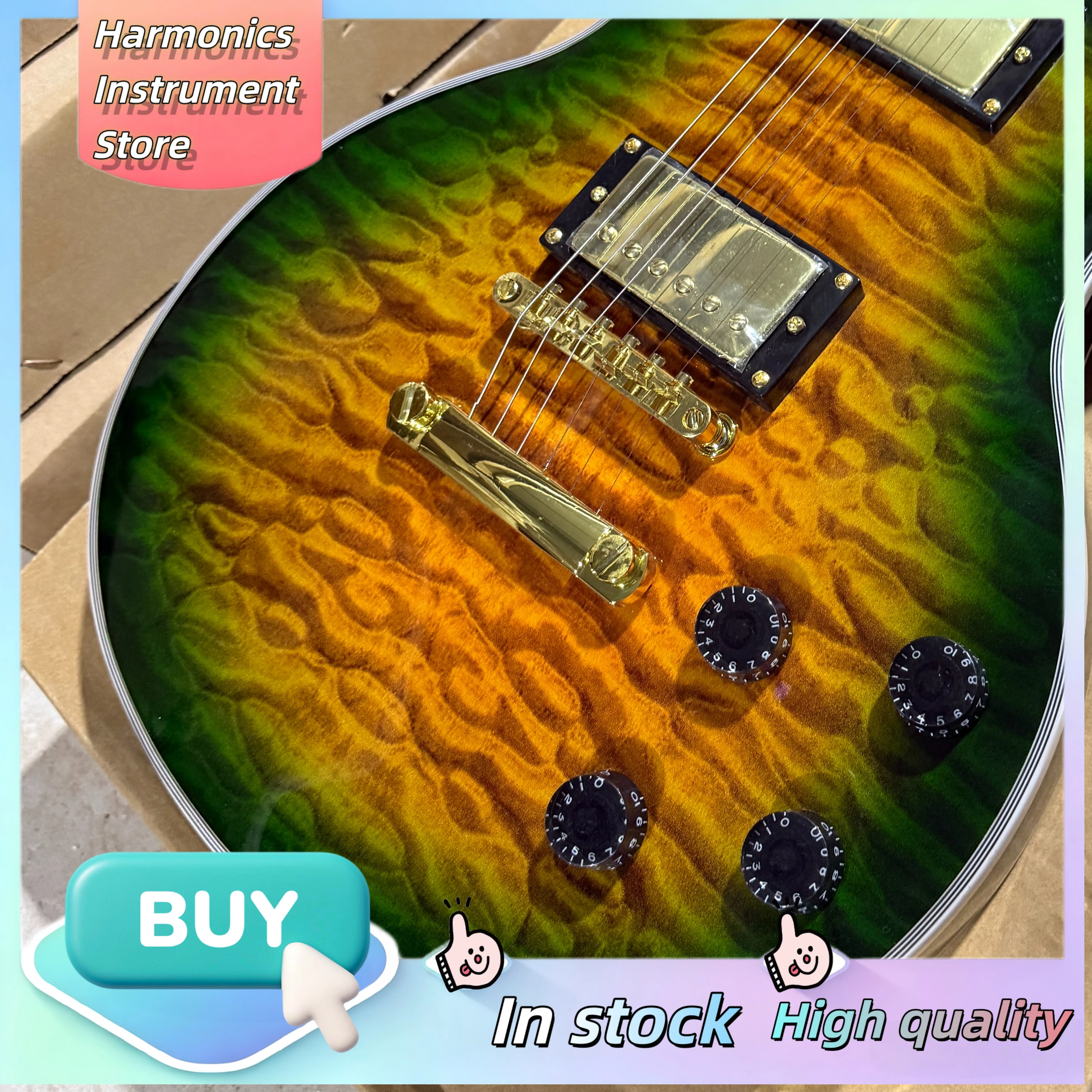 LPQ Style Electric Guitar HH Pickups Orange & Green Gradient Fixed Bridge Classic Rock Pop Stage Performance Guitar