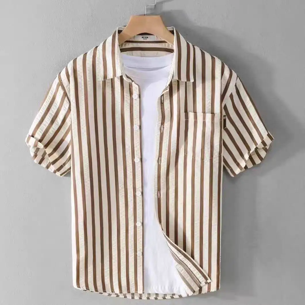 Summer Ice Silk Short Sleeve Casual Shirt Men's 2026 New Trend Thin Stripe Men's Clothing Breathable Comfortable No Ironing R...