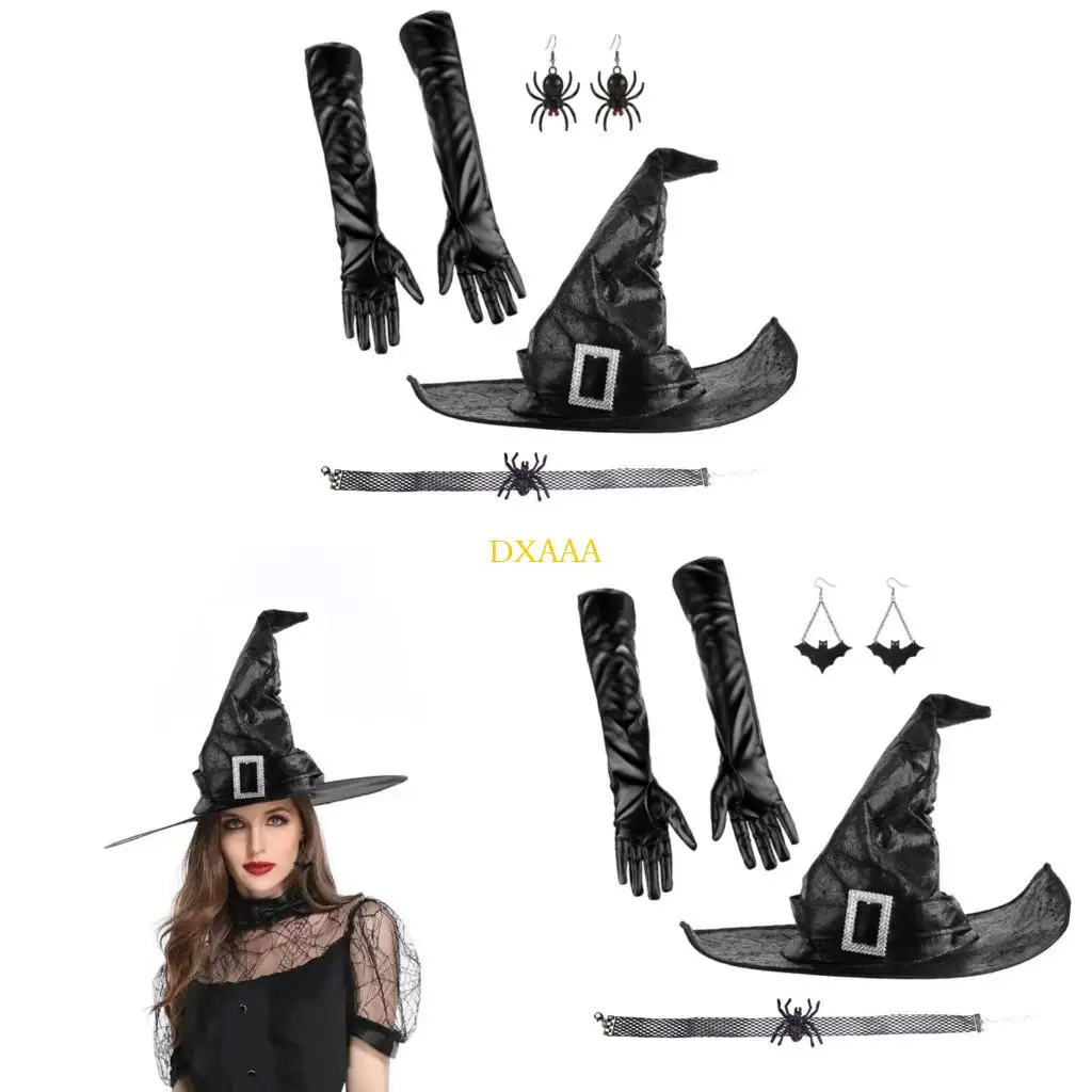 DXAA 4PCS Halloween Festival Costume Set Ruched Witch Hat Long Gloves Choker Scary Earrings Witch Cosplay Costume Accessory