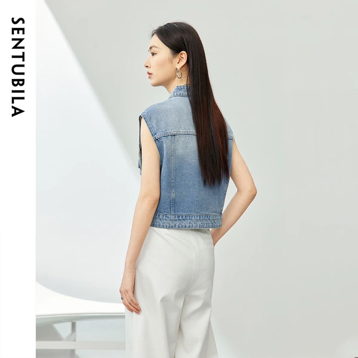 SENTUBILA Denim Vest V-neck Waistcoat 100% Cotton Single-Breasted for Women Clothing Sleeveless Jackets Woman Clothes W41J53843