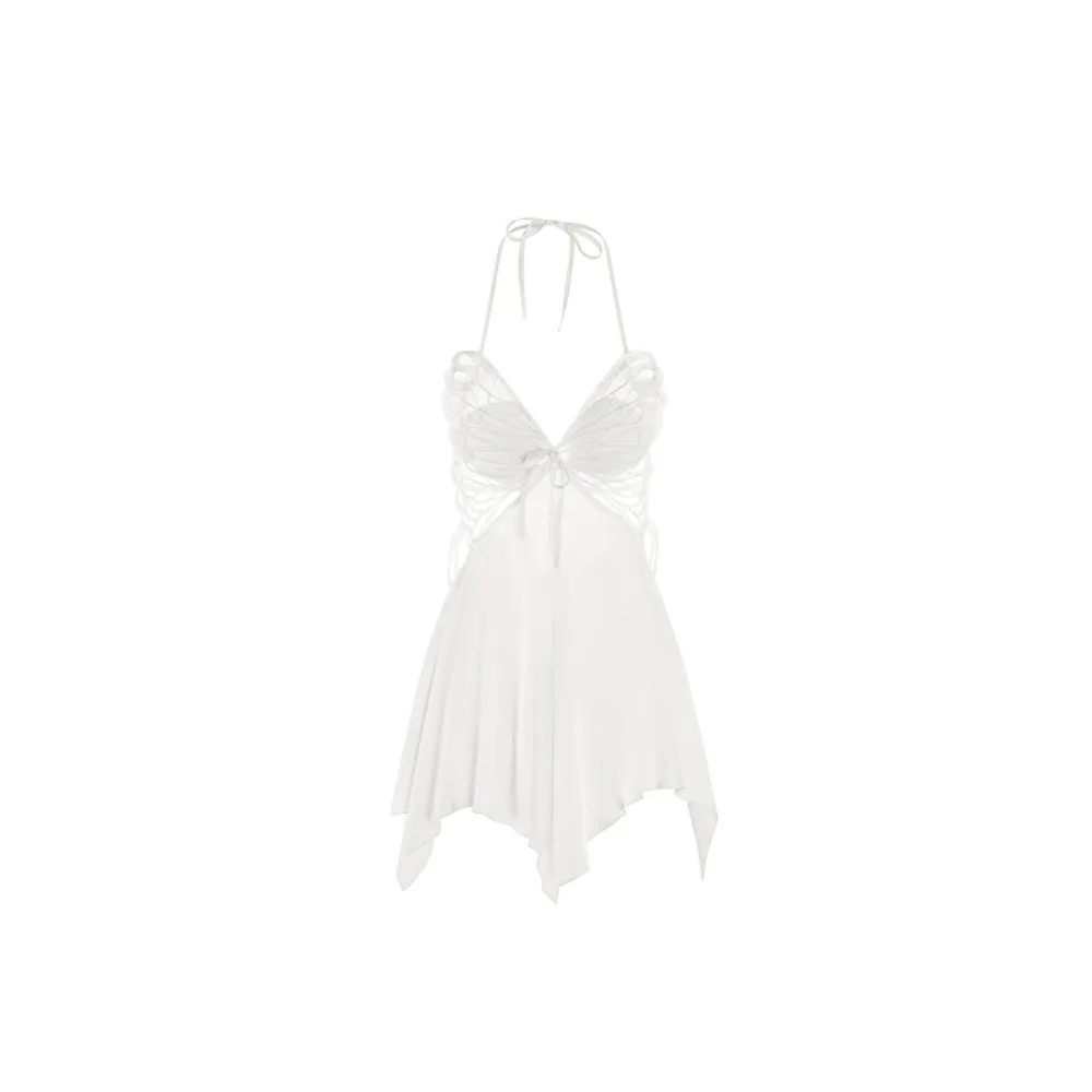 

Fashion Lace Up Butterfly Nightgown Ice Satin Silk Women Lingerie Camisole Nightwear Sweet Halter Nightdress with Pads Girl