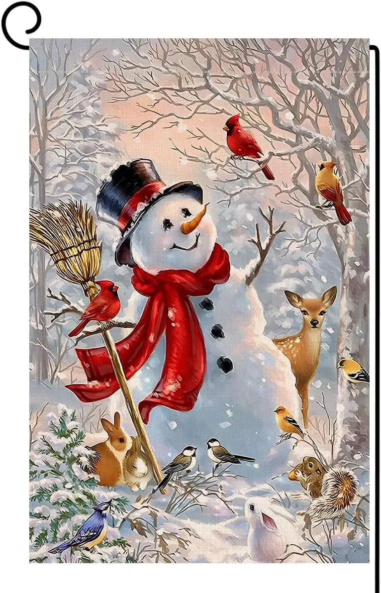 BLKWHT Winter Snowman Garden Flag 12x18 Vertical Double Sided Christmas Deer Cardinal Bird Holiday Outside Decorations Burla KZA