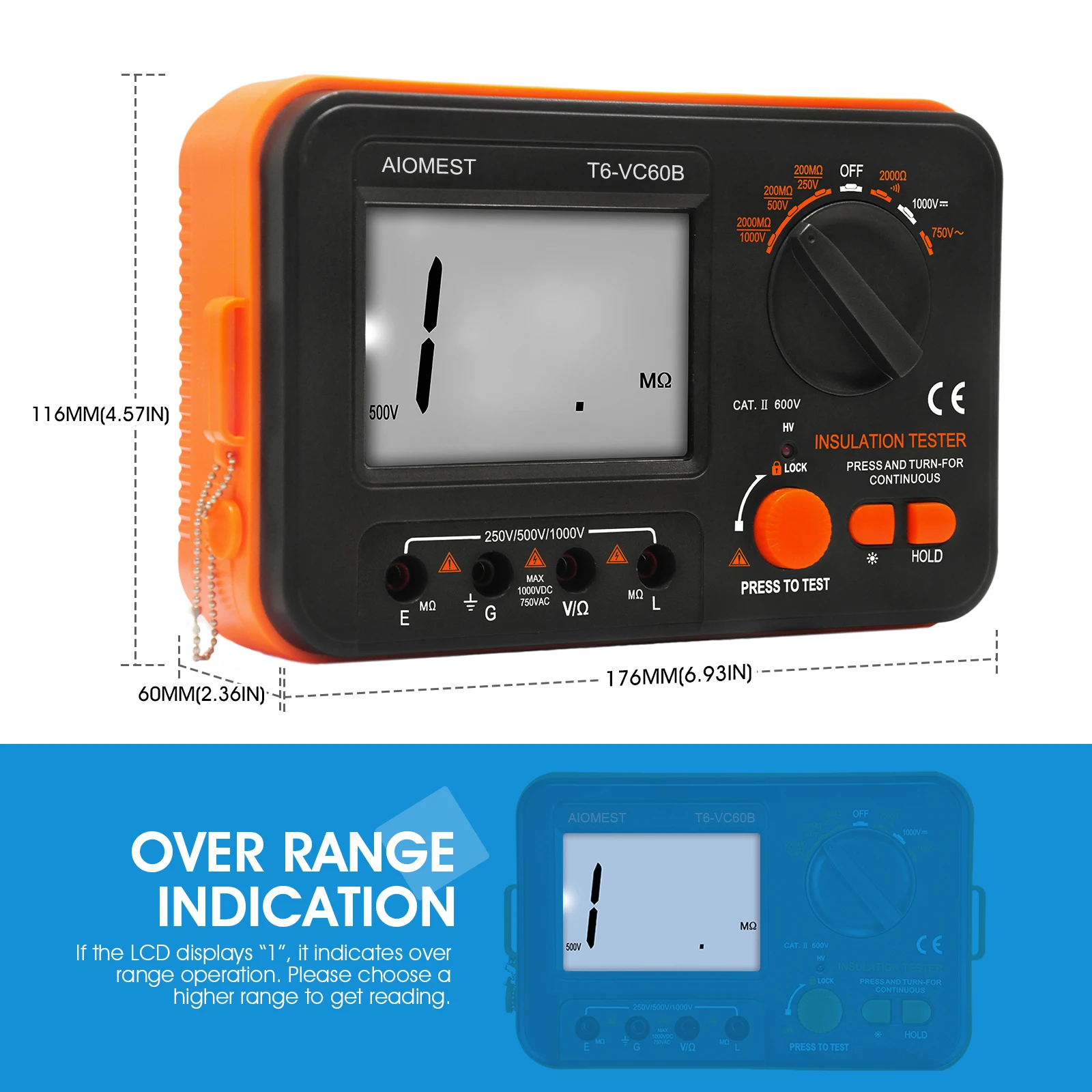 Testador digital de resistência de isolamento, megôhmetro 0,1-200 MΩ, 250V/500V/750V/1000V, com retenção de dados e display retroiluminado