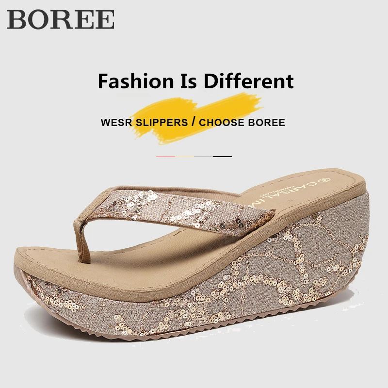 Women\'s Fashion Slippers High Heels Flip Flops Summer Outdoor Casual Wedges Sandals Stylish Sequins Bling Beach Shoes for Women