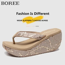 Women's Fashion Slippers High Heels Flip Flops Summer Outdoor Casual Wedges Sandals Stylish Sequins Bling Beach Shoes for Women