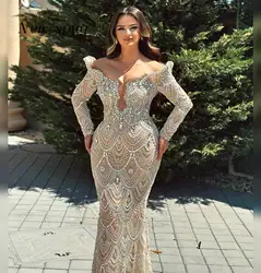 Arabic Champagne Off Shoulder Long Sleeves Mermaid Evening Dresses with Crystals Wedding Second Reception Party Gowns