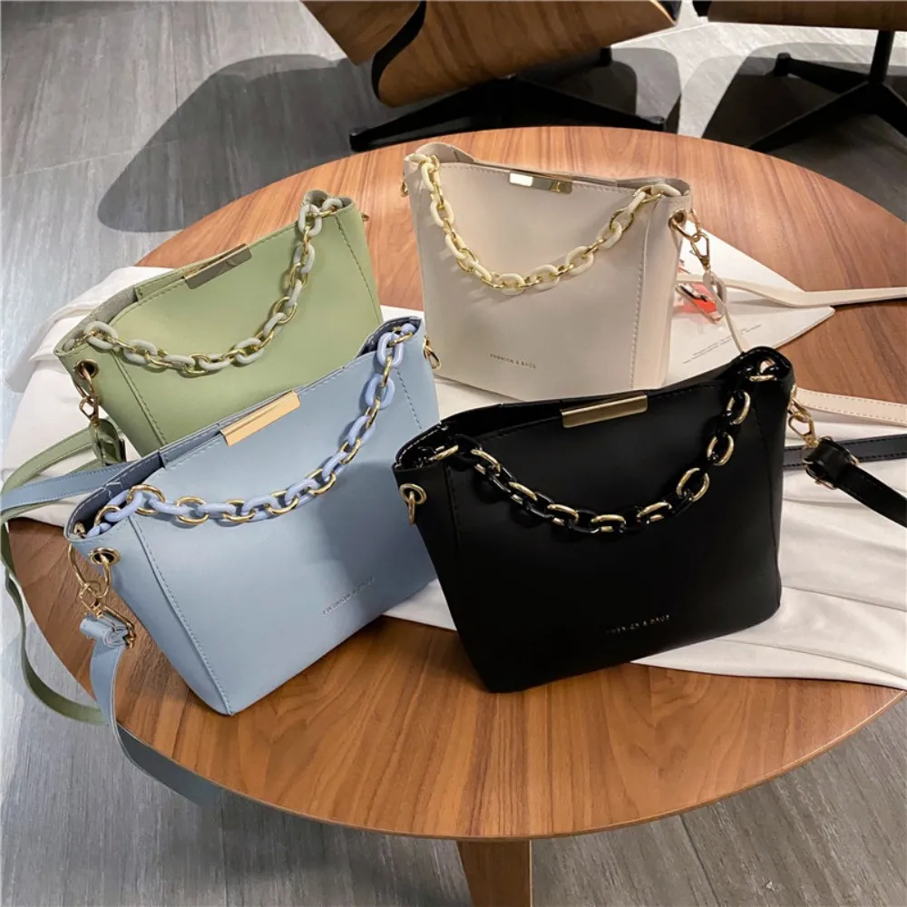 Fashion Women Shoulder Bag with Chain Handle Ladies Crossbody Bags Tote Bucket Handbag Portable Simple Pu Leather Messenger Bags