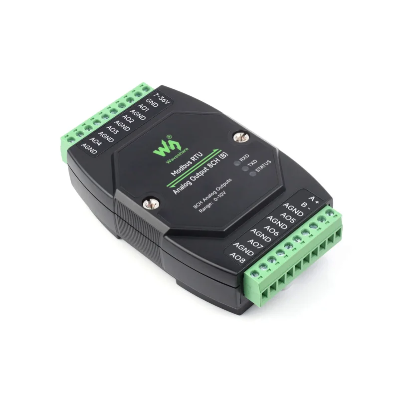 Waveshare Industrial 8-Ch Analog Output Module, 12-bit DA Conversion, Supports 8-ch Simultaneous Voltage Or Current Output 7~36V
