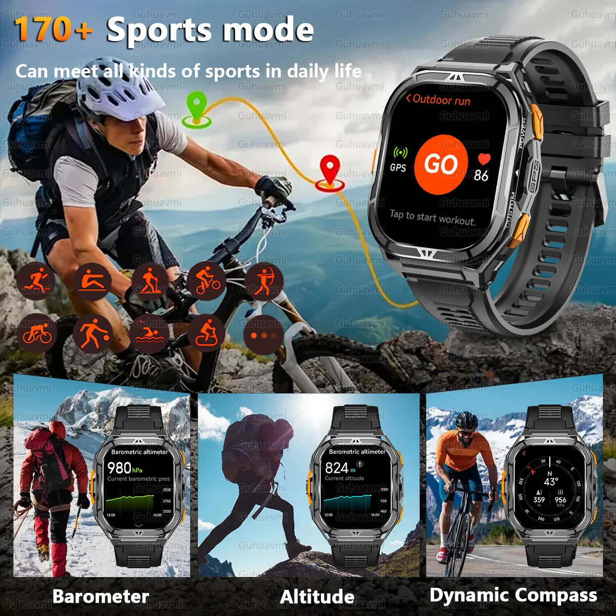 GUHUAVMI TANK X5 Smartwatch 5ATM GPS impermeabile Monitoraggio a doppia frequenza 1.96 "AMOLED 530mAh Bussola 170+ Sport Fitness Tracker