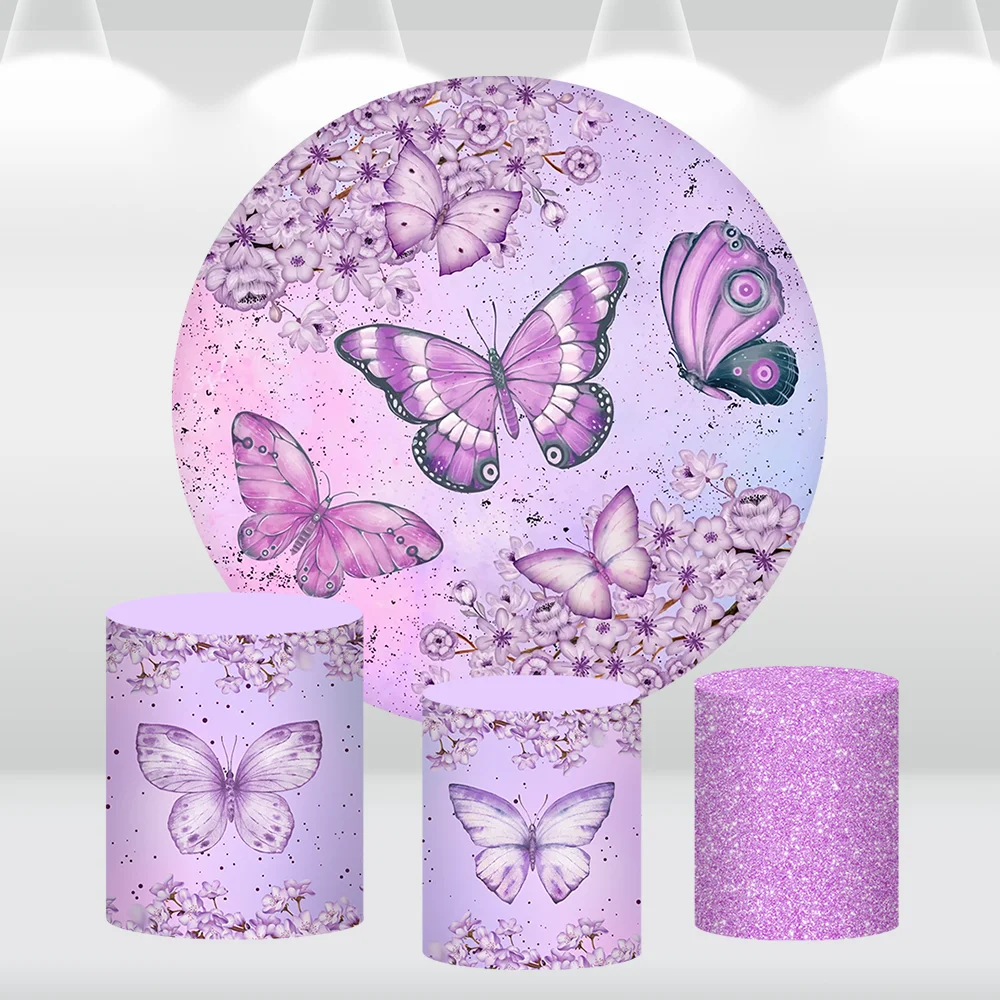 Purple Butterfly Fairy Girls Circle Round Backdrop Flowers Birthday Party Background Photography Props Glitter Cylinder Covers