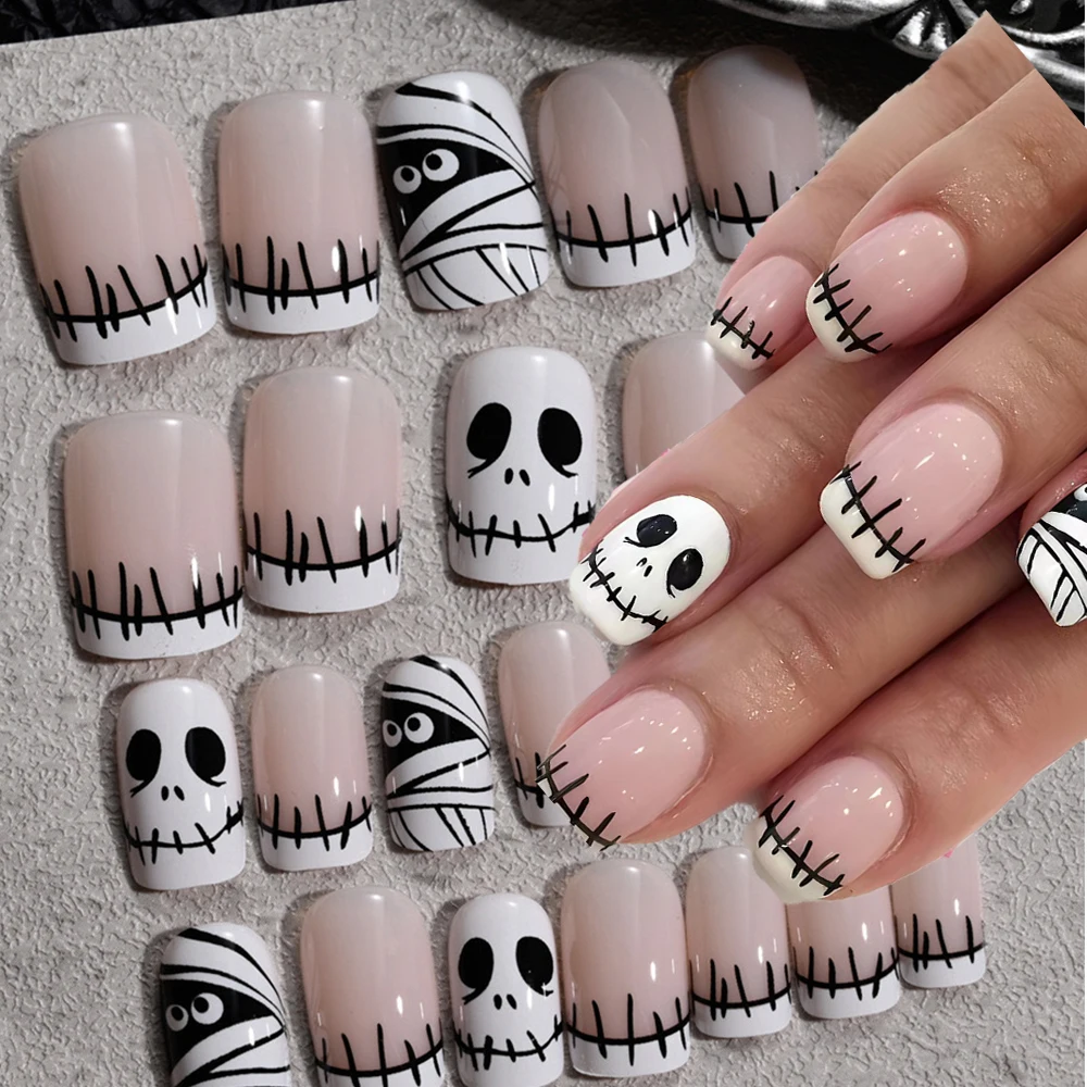 

24Pcs Halloween Black White Fake Nails Tips Y2k Press on Nails Goth False Nails Full-Cover Short Square Acrylic Manicure Tips