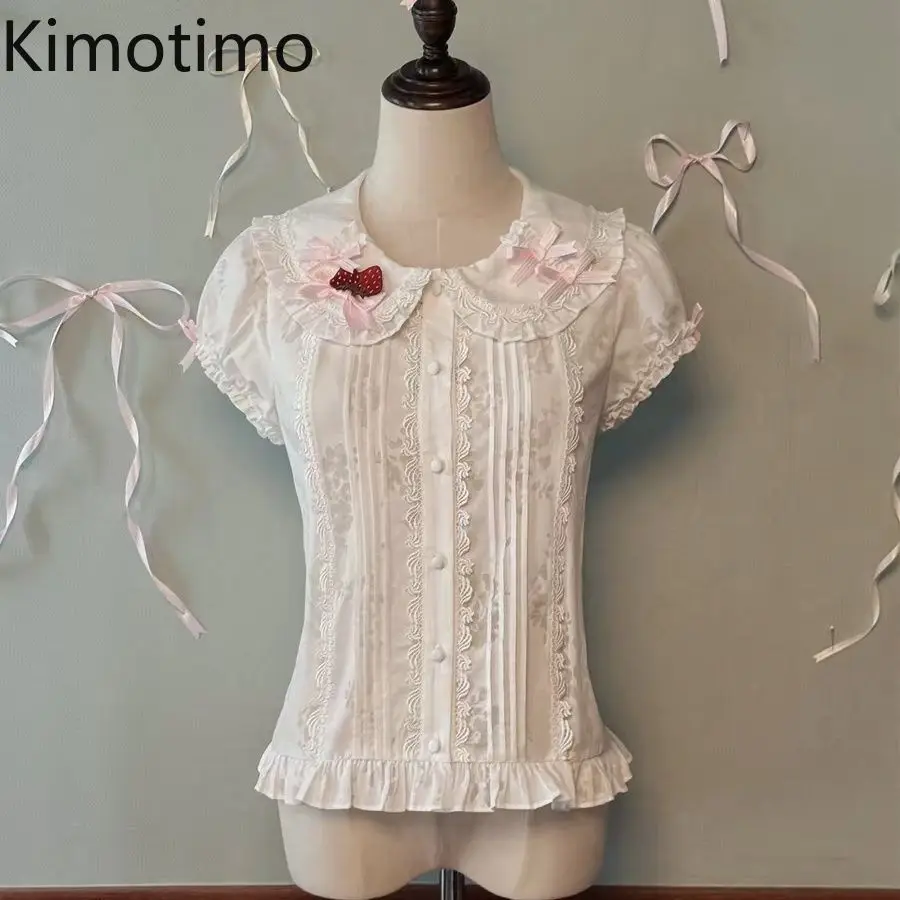 Kimotimo Lolita Sweet Bow Peter Pan Collar Shirt Women Japanese Cute Patchwork Ruffle Bandage Waist Slim Blouse Kawaii Cute Tops