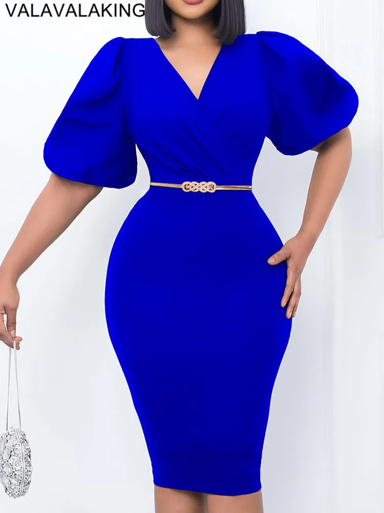 2025 Sexy V Neck Summer Plus Size Dress Women Puff Sleeve Large Big Long Dresses Solid Lady Evening Party Slim Curvy Dress