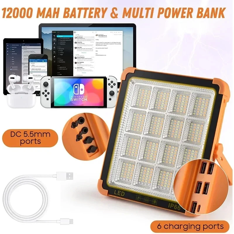 Most Power USB Rechargeable Solar Outdoor Light 5000W LED Camping Solar Lights with Magnet Portable Waterproof Tent Lamp 4 Mode