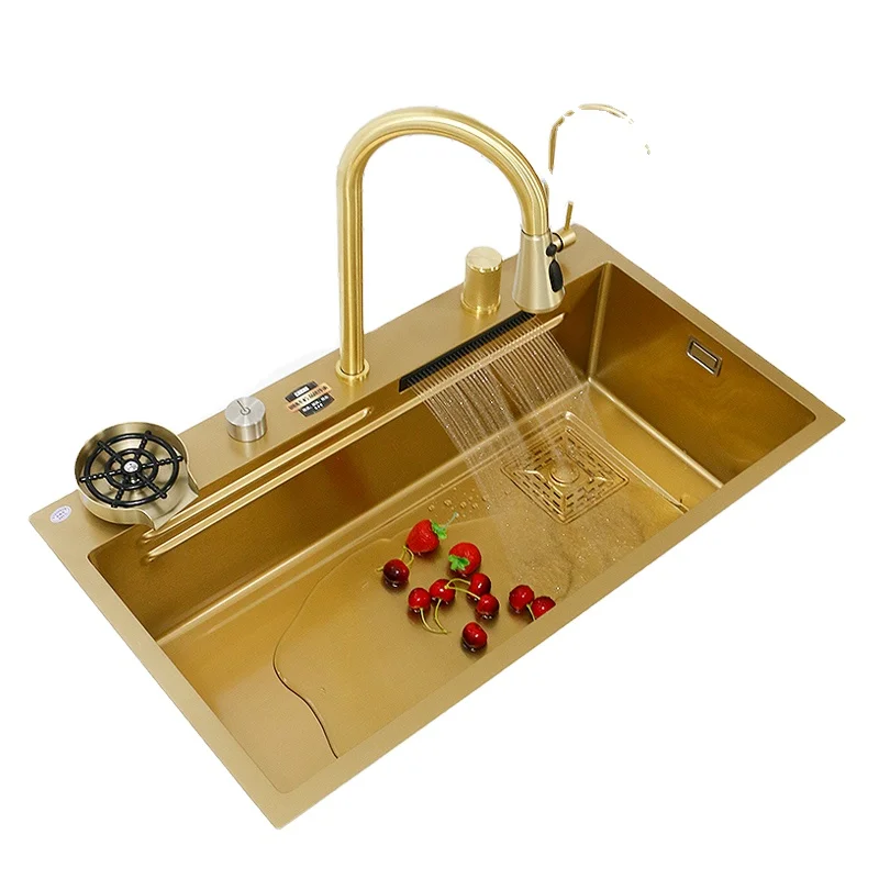 

Golden Kitchen Sink Waterfall Faucet Stainless Steel Multifunctional Kitchen Sink with Knife Holder Washbasin