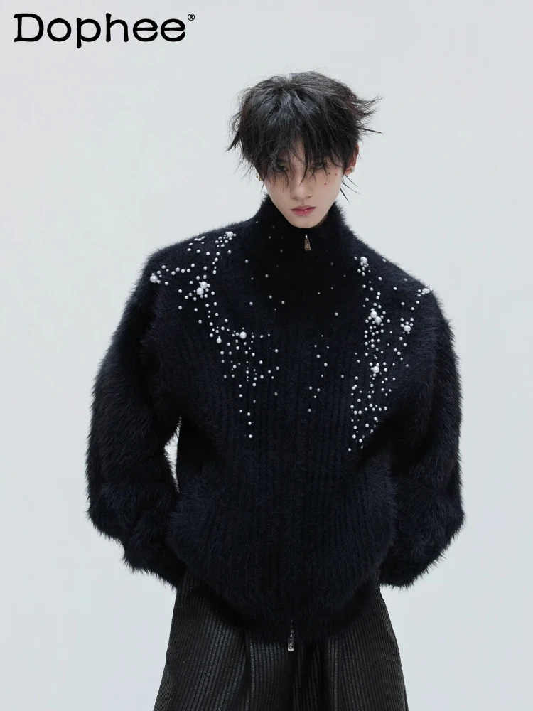 2025 Autumn Winter High Collar Plush Pearl Heavy Craft Sweater Fashion Men's High-end Gentle Thickened Zipper Knitted Cardigan