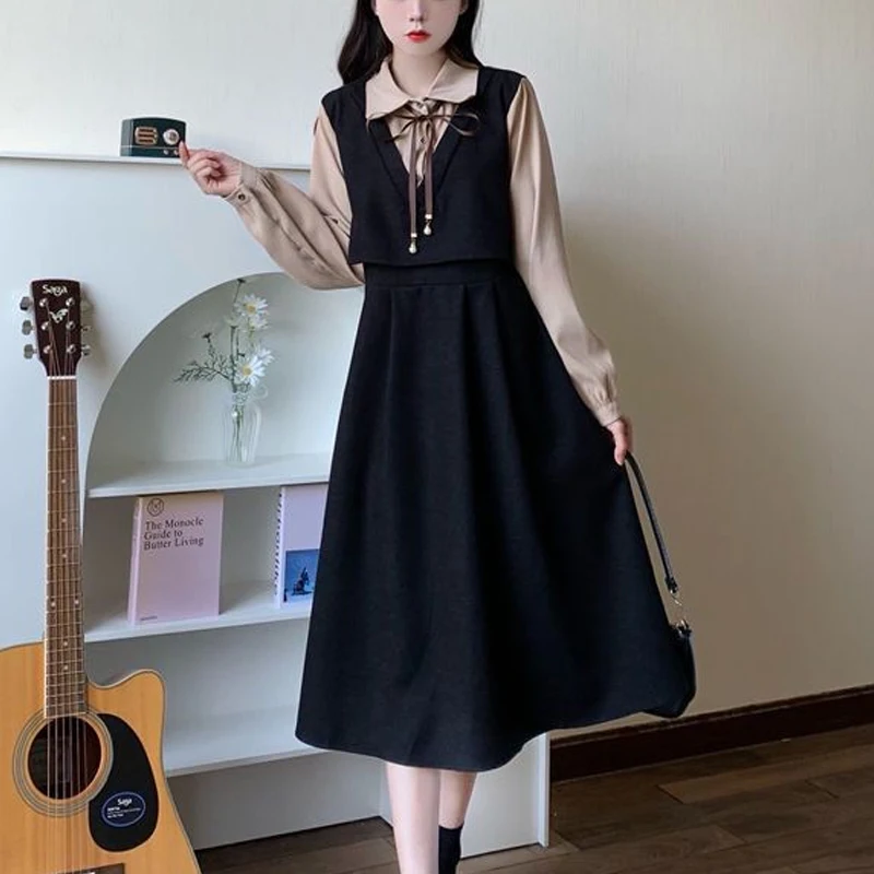 Spring Autumn Contrast Color Fake Two Pieces Ladies Dresses Women Fashion Doll Collar Button Elegant Dress Lacing Bow Vestidos