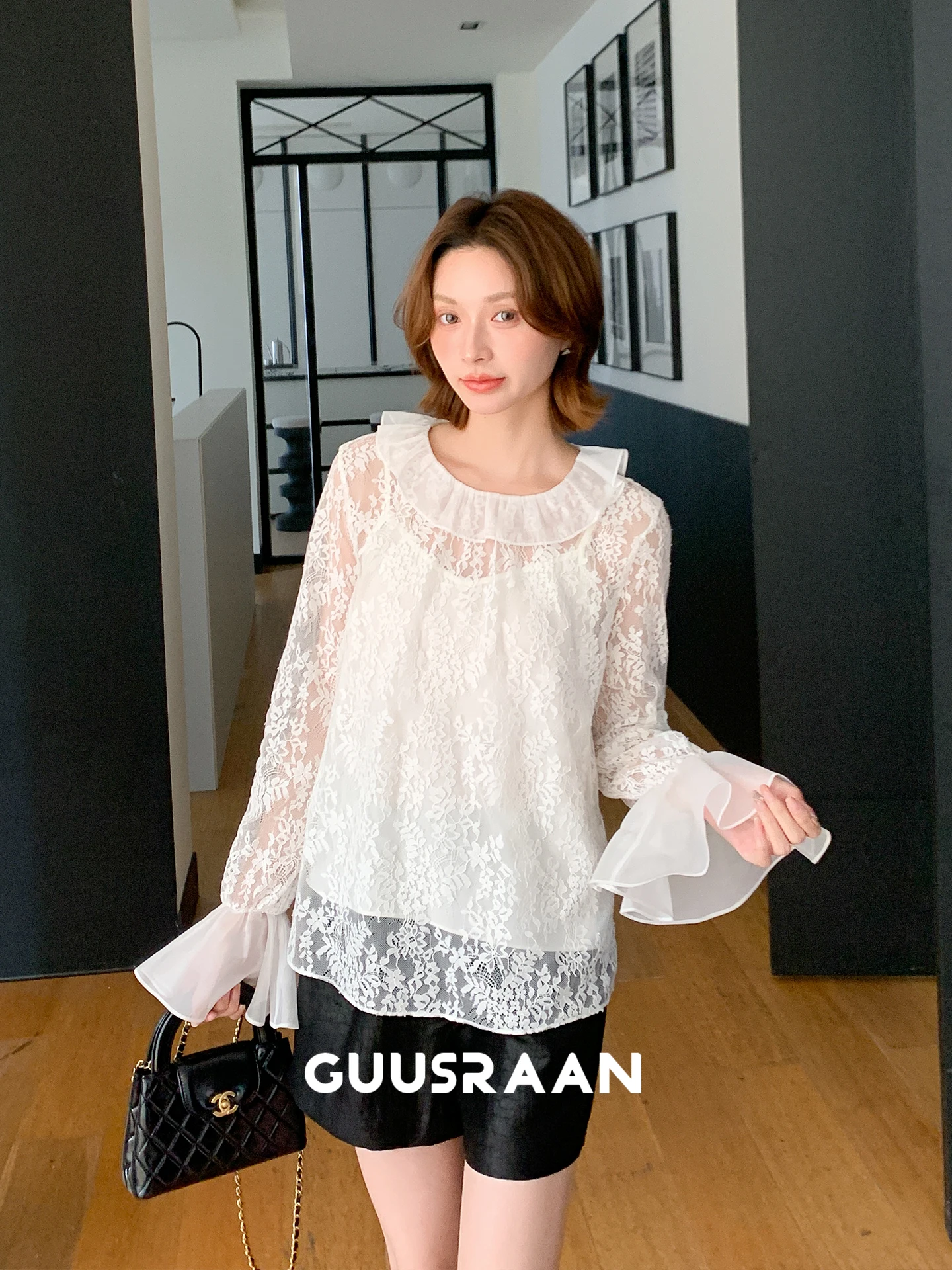 

French Style Lace Shirt Women's Bell Sleeve Blouse White Cotton Long Sleeve Loose Fit Pure Color Girl's Summer Thin Cotton Shirt