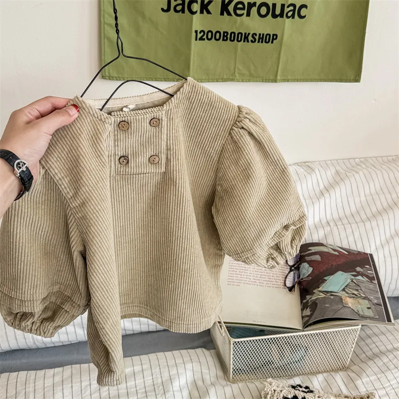 

New Autumn Winter Baby Girls Corduroy Shirts Puff Sleeve Loose Casual Pullovers Tops Korean Style Children Blouses