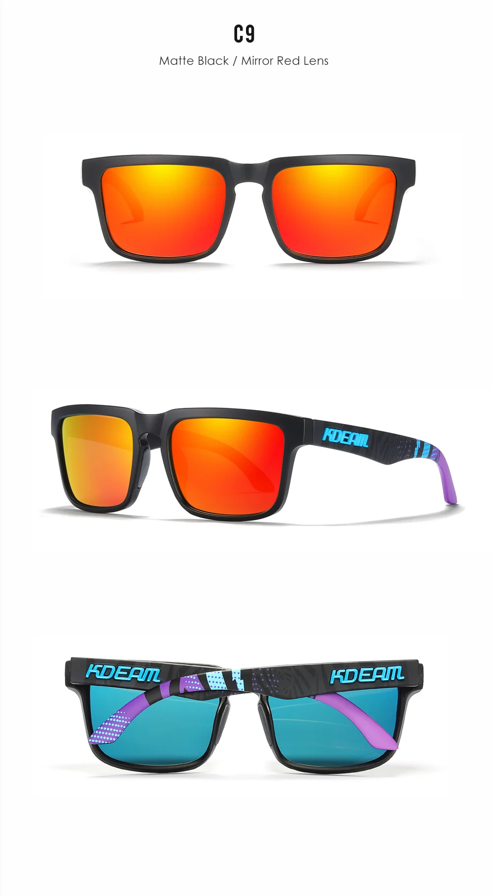 Neue hochwertige quadratische Sonnenbrille für Herren der Marke KDEAM, farbige Sport-Polarisations-Sonnenbrille mit reflektierender Beschichtung und verspiegelten Gläsern – Detail 24