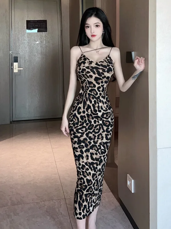 Fashion Sweet Women Tops 2023 New Robe Sexy Leopard Print Slim Long Dress Sleeveless Sling Dress Irregular Spice Girls Tops 12YX