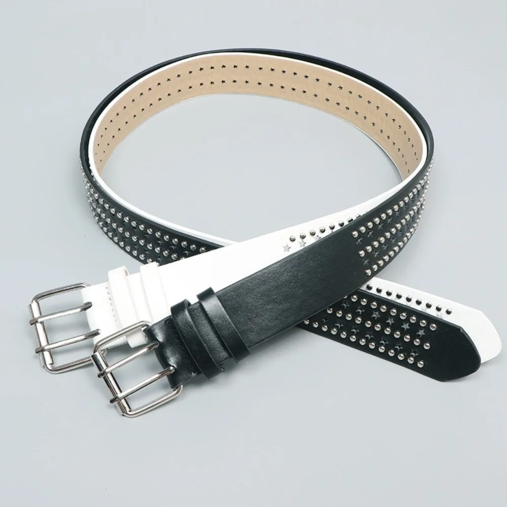 Casual Punk Rivet Belts Versatile Hollow Star Design Gothic Leather Belt Adjustable Double Pin Buckle Waistband Unisex