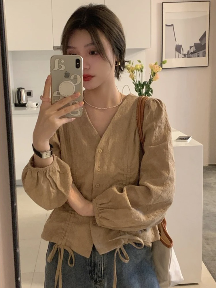 Spring Autumn Loose Women Shirt Fashion V-Neck Drawstring Single Breasted Long Sleeve Tops Solid Color Simple Versatile Blouse