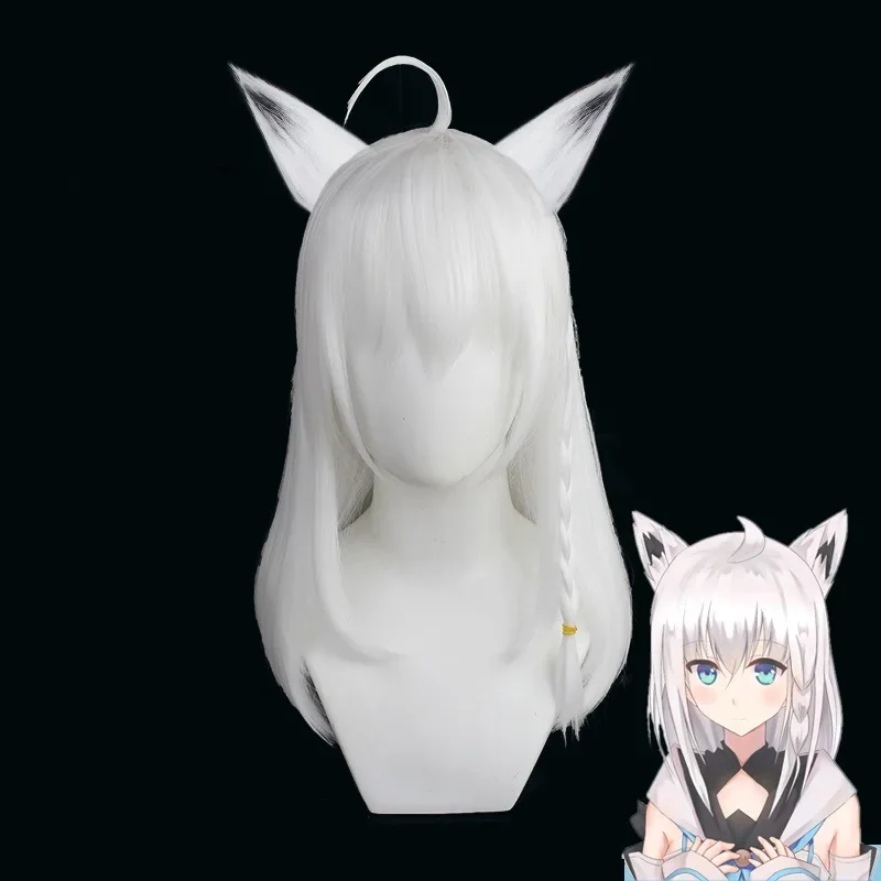 2 Types Youtuber Hololive Shirakami Fubuki Cosplay Wig with Ears White Straight Heat Resistant Synthetic Hair Vtuber Fox Cosplay