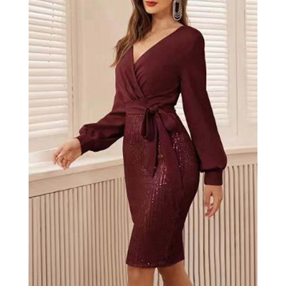 

Women Contrast Sequin Tied Detail Bodycon Evening Dress V-Neck Long Sleeve Midi Party Dress Spring Elegant Outfits Birthday