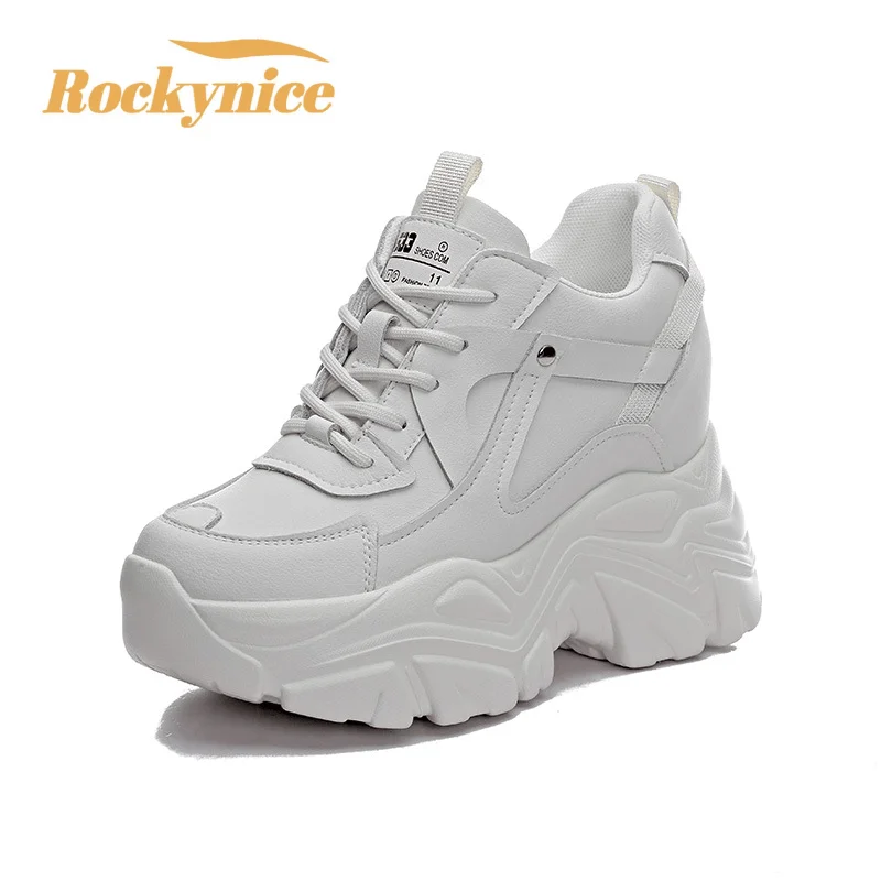 

Genuine Leather Casual Dad Shoes 9CM Spring Autumn Platform Wedge High Brand Chunky Sneakers New Ladies Breathable Walking Shoes