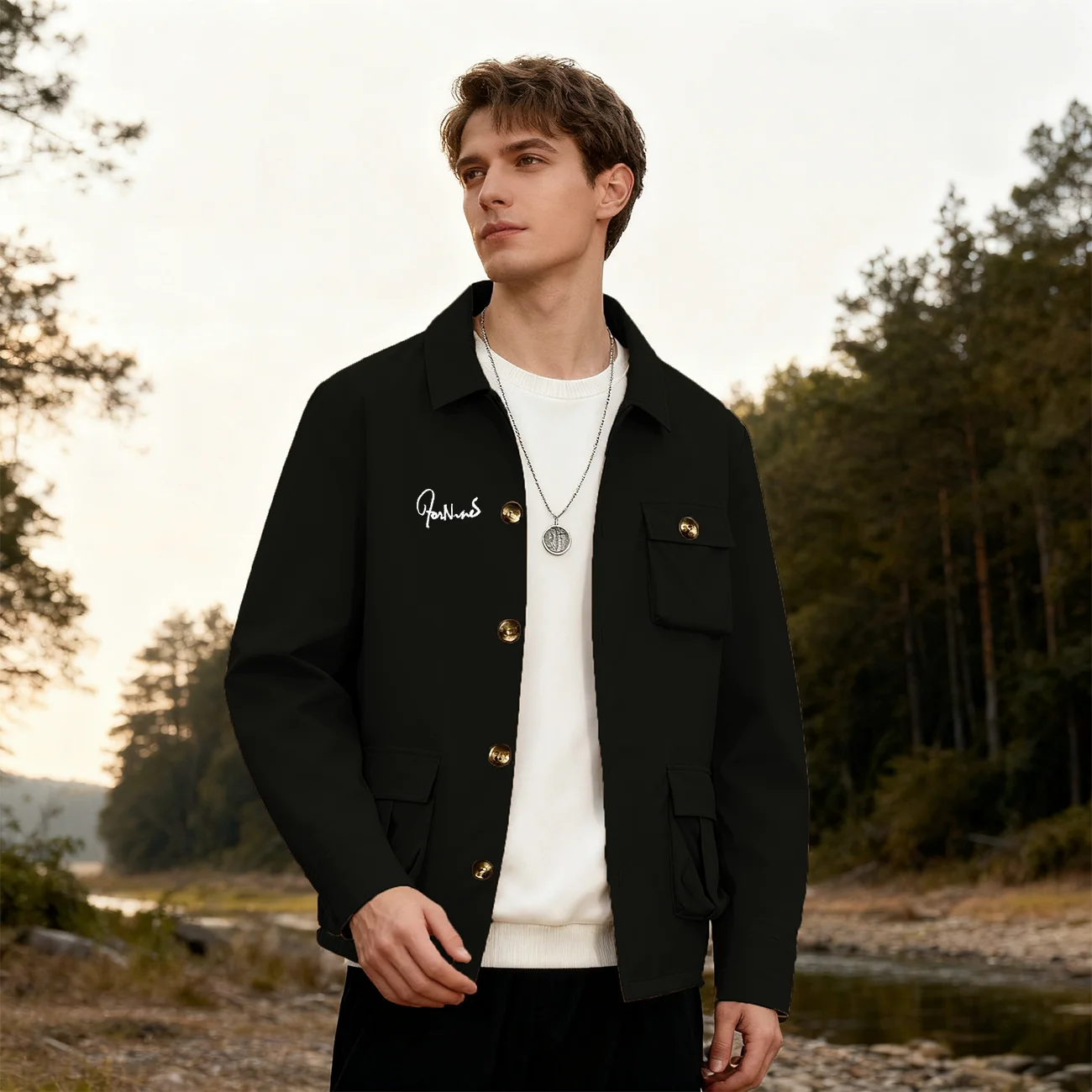 New men's jacket coat - solid color with multiple pockets, rugged and simple style, long-sleeved casual shirt