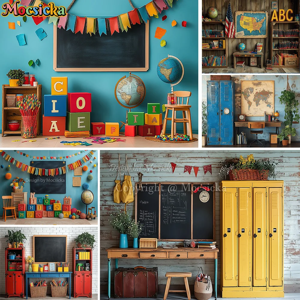 Mocsicka العودة إلى المدرسة حفلة خلفية التصوير الفوتوغرافي السبورة خزانة الفصول الدراسية خلفية الطالب كعكة سحق فوتوزون استوديو