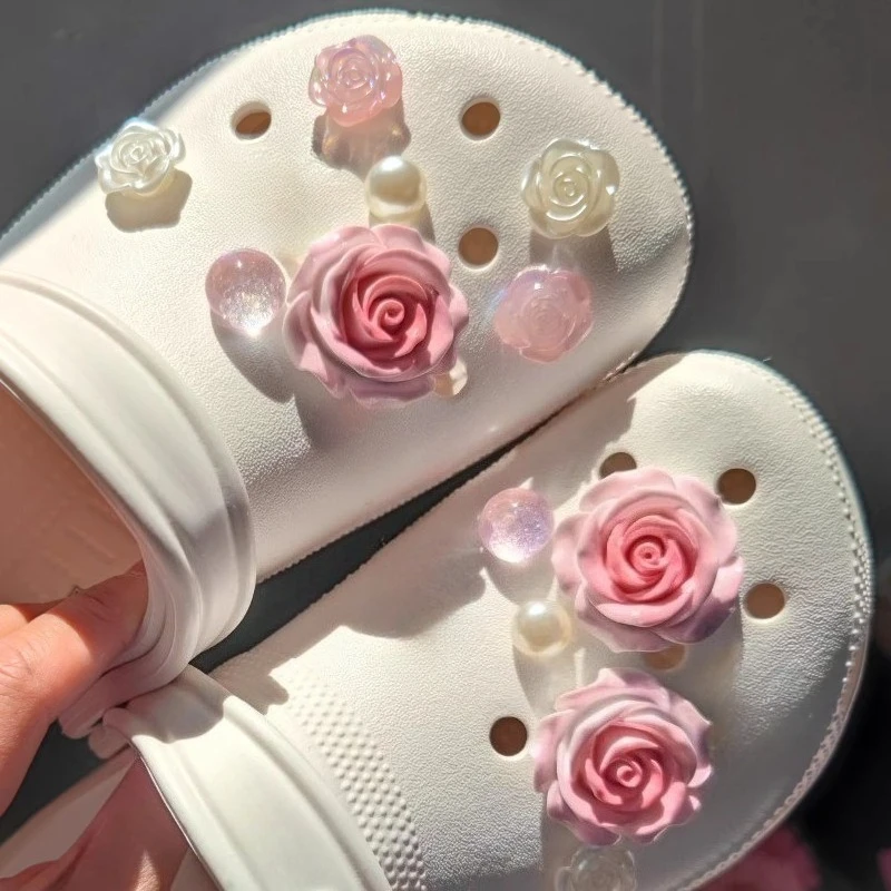 New Trend Hole Shoe Charms DIY Pink Puff Pearl Bow Shoe Buckle Decoration for Hole Shoe Charm Accessories Kids Party Gift