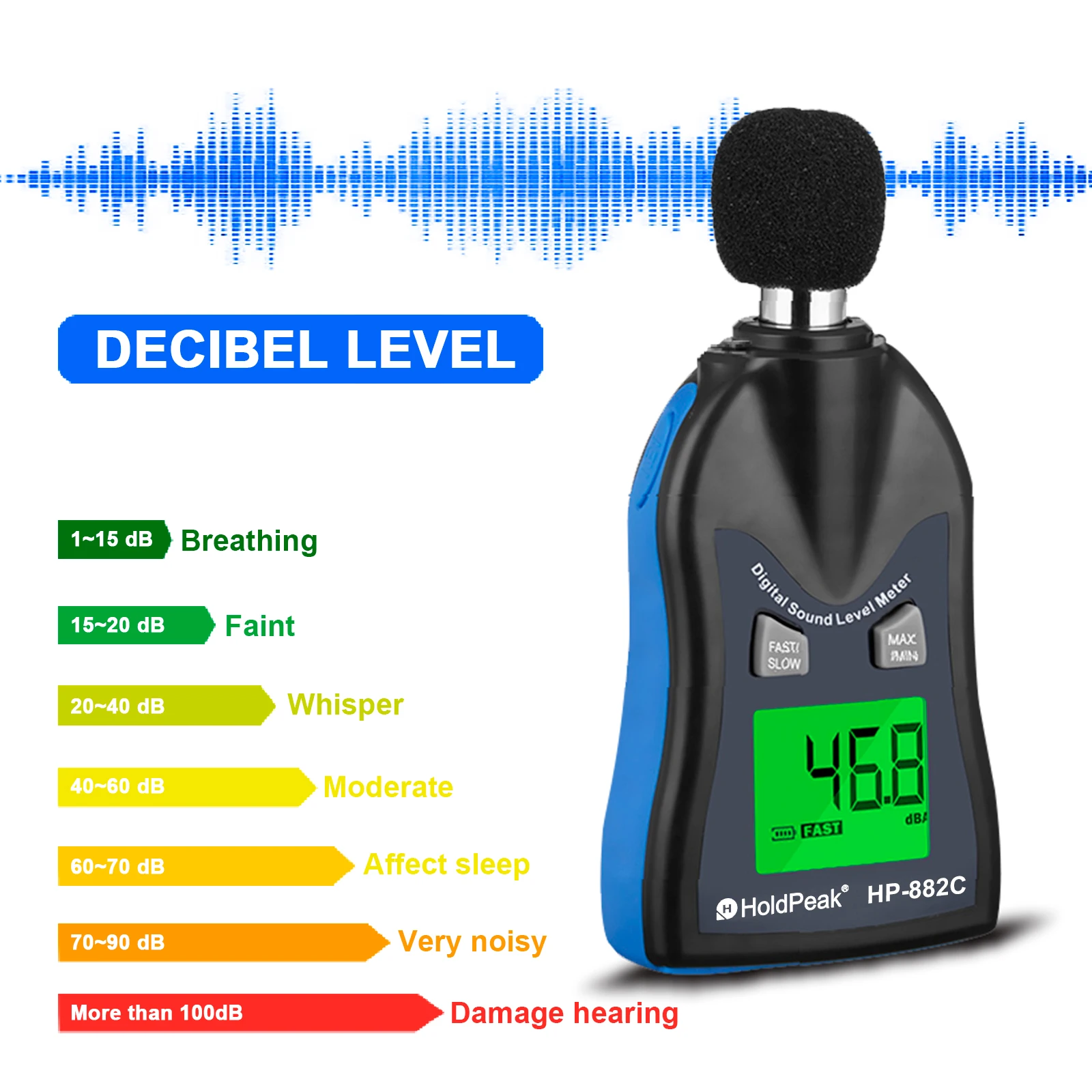 

Portable Mini Digital Noise Meter 30-130dB A-weighted Decibel Meter LCD Sound Level Tester with MAX MIN Hold Fast Slow Mode