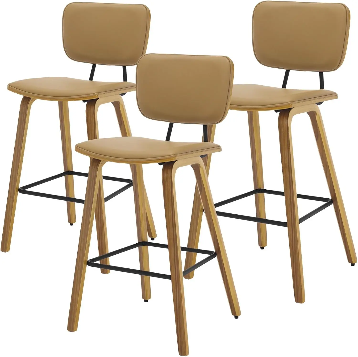 Counter Height Bar Stools Set of 3, PU Leather Upholstered Barstools with Backs, Bent Wood Legs, 26 Inch Seat Height, Mid Centur