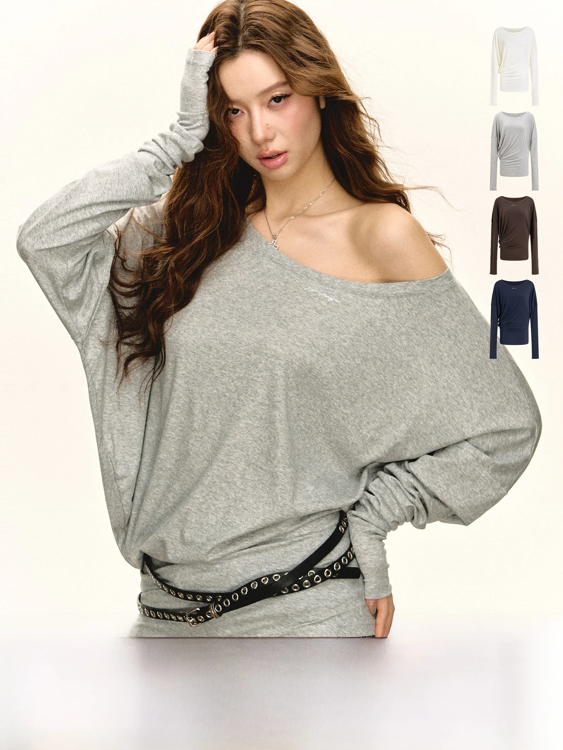 

Женская футболка Ariseism в американском ретро-стиле, свободного кроя, с открытыми плечами, с длинным рукавом, осенняя новинка, повседневный топ