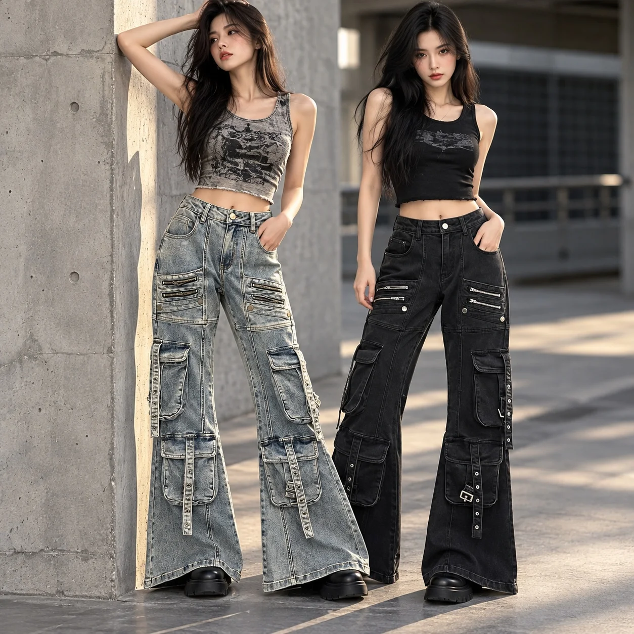 Pocket Pockets Jeans with Sweet Flared Leg Mid Waist No Stretch Distressed Multiple Pockets Zipper Thin Long Pants Women Jeans